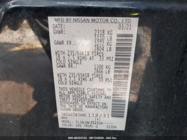 5N1AZ2BJXMC118231 Nissan Murano Sv Fwd