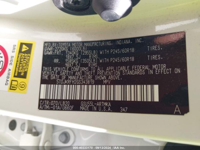 5TDJKRFH2GS343819 Toyota Highlander Xle V6