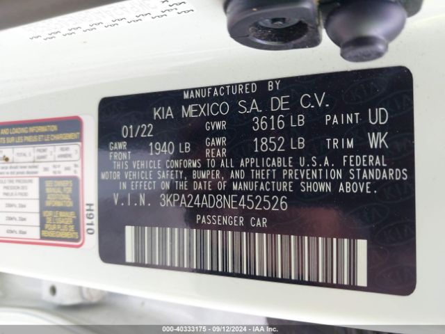 3KPA24AD8NE452526 KIA RIO LX