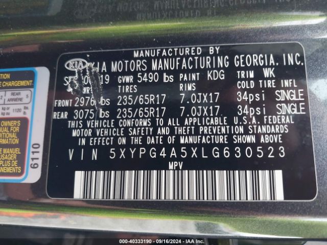 5XYPG4A5XLG630523 KIA Sorento 3.3l Lx