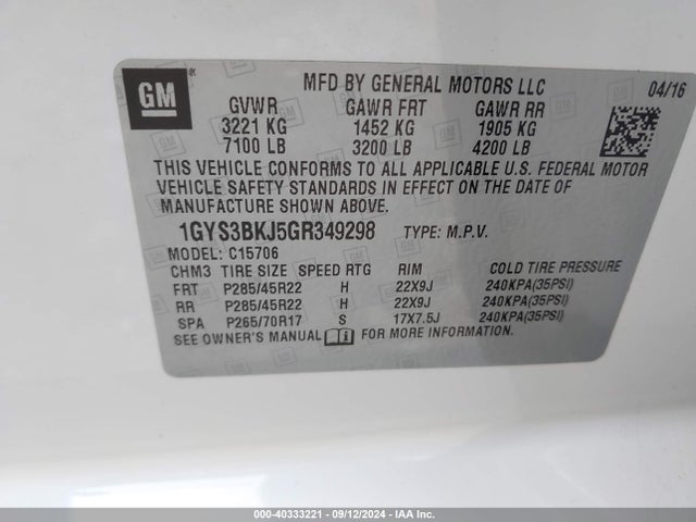 1GYS3BKJ5GR349298 Cadillac Escalade Luxury Collection