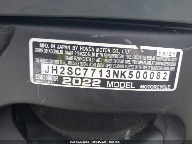 2022 HONDA CBR1000 JH2SC7713NK500082 Photo 9