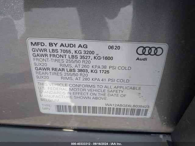 2020 AUDI E-TRON SPORTBACK WA12ABGE6LB035423 Photo 8