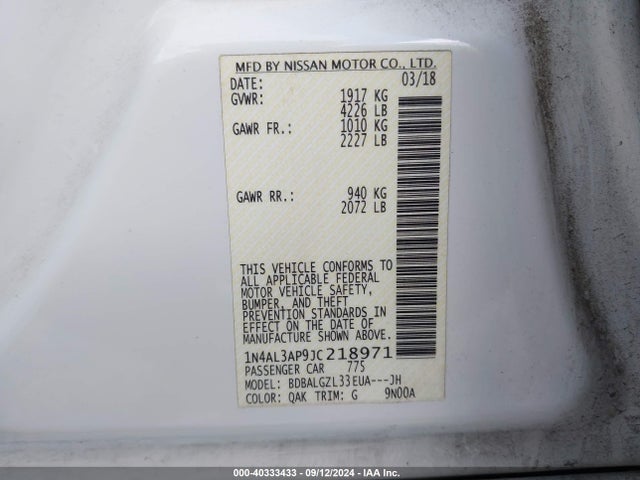 Nissan Altima 2.5 S 2018 1N4AL3AP9JC218971 Image 9