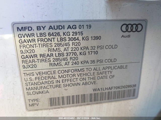WA1LHAF70KD029536 Audi Q7 45 Premium/45 Se Premium