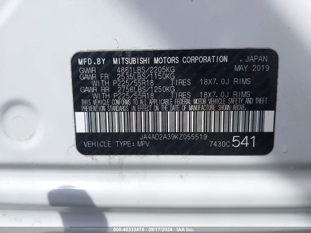 JA4AD2A39KZ055519 Mitsubishi Outlander Es