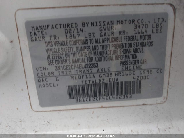 Nissan Versa Note S (sr)/s Plus/sv 2014 3N1CE2CP4EL422353 Image 9