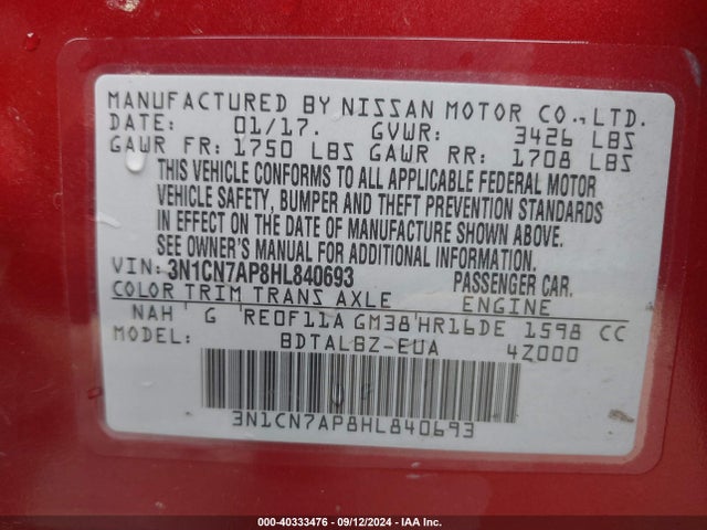 Nissan Versa 1.6 Sv 2017 3N1CN7AP8HL840693 Image 9