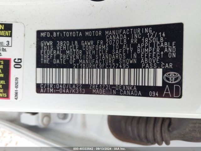 2T1BURHE9FC327495 Toyota Corolla Le Premium