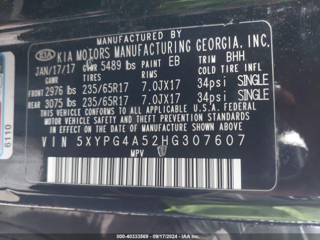 5XYPG4A52HG307607 KIA Sorento 3.3l Lx