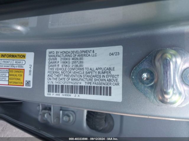 1HGCY2F57PA025214 Honda Accord Hybrid Sport