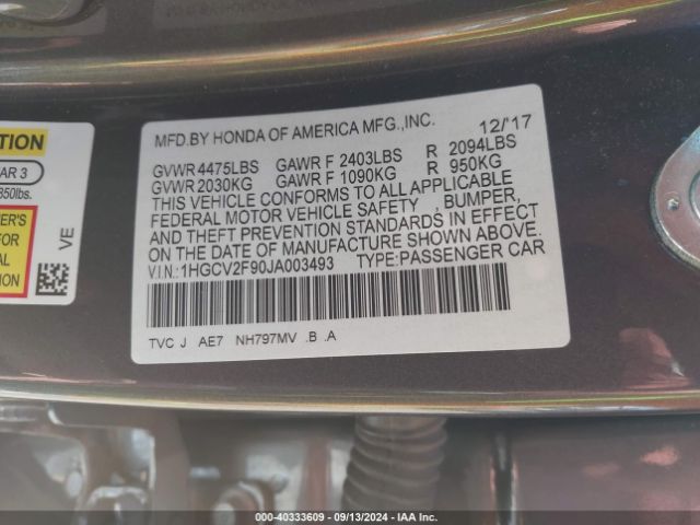 1HGCV2F90JA003493 Honda Accord Touring 2.0t