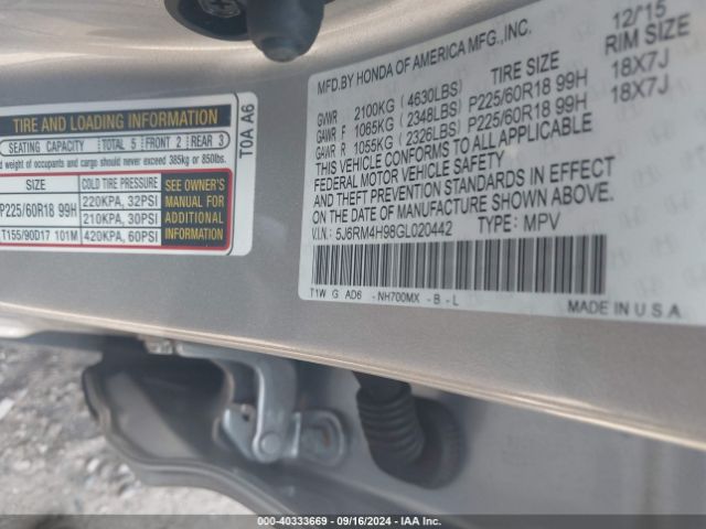 5J6RM4H98GL020442 Honda Cr-v Touring
