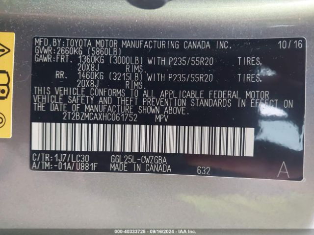 2T2BZMCAXHC061752 Lexus Rx 350 F Sport