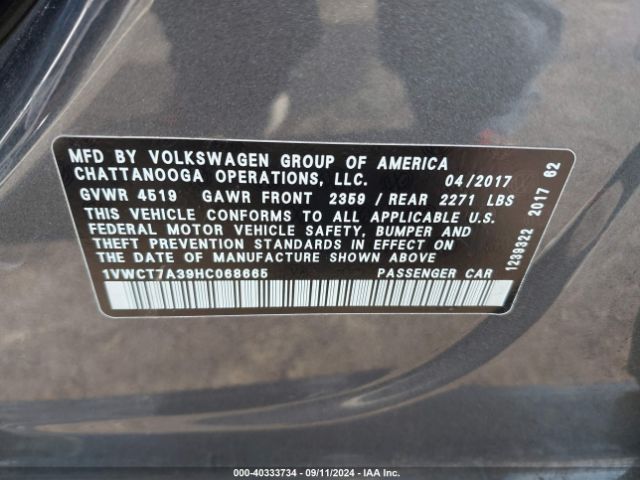 1VWCT7A39HC068665 Volkswagen Passat 1.8t Sel Premium