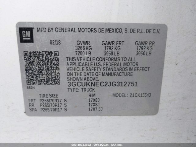 3GCUKNEC2JG312751 Chevrolet Silverado 1500 Wt