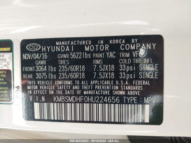 KM8SMDHF0HU224656 Hyundai Santa Fe Se