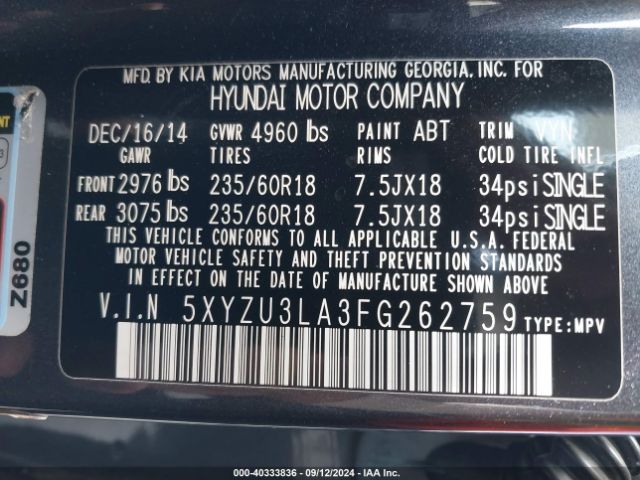 5XYZU3LA3FG262759 Hyundai Santa Fe Sport 2.0l Turbo