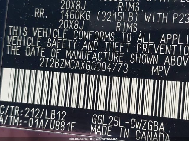 2T2BZMCAXGC004773 Lexus RX 350