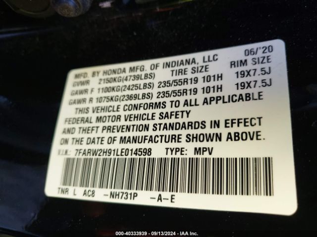 7FARW2H91LE014598 Honda Cr-v Awd Touring