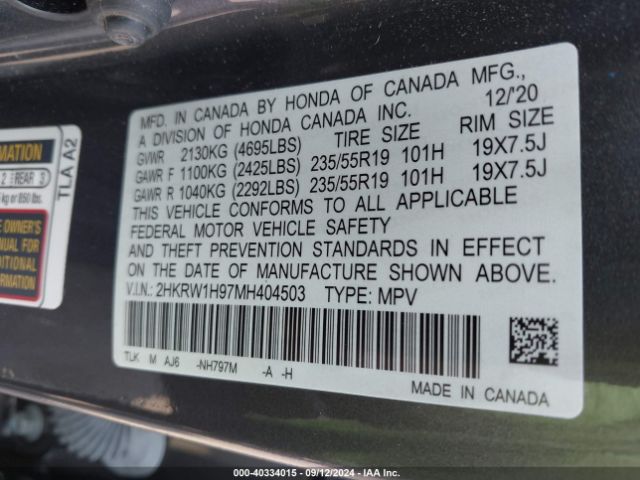 2HKRW1H97MH404503 Honda Cr-v 2wd Touring