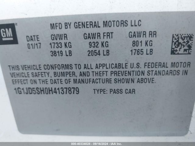 1G1JD5SH0H4137879 Chevrolet Sonic Lt Auto