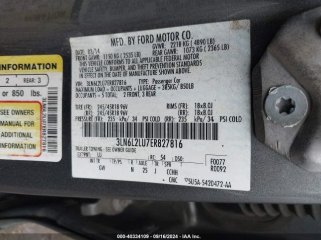 3LN6L2LU7ER827816 Lincoln MKZ HYBRID