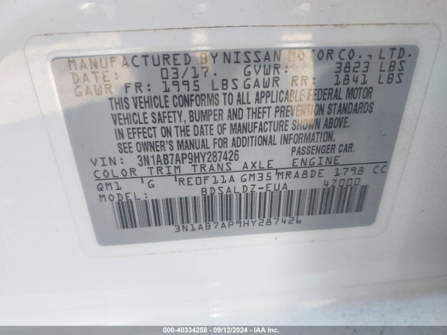 Nissan SENTRA SV 2017 3N1AB7AP9HY287426 Image 9