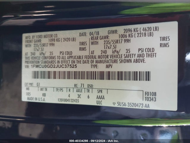 Ford ESCAPE SE 2018 1FMCU0GD2JUC37525 Image 9