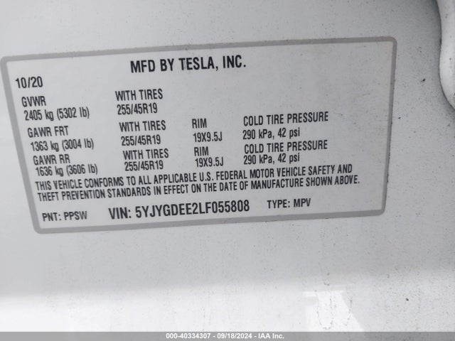 2020 TESLA MODEL Y 5YJYGDEE2LF055808 Photo 8