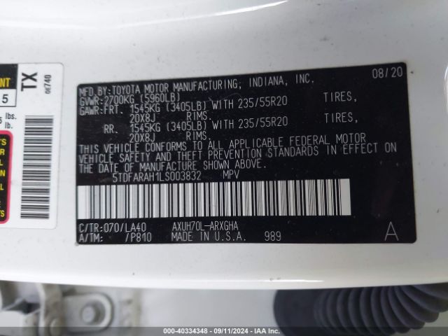 5TDFARAH1LS003832 Toyota Highlander Hybrid Platinum
