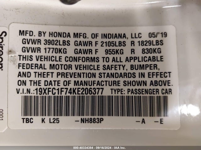 Honda Civic Ex-l 2019 19XFC1F74KE206377 Image 9