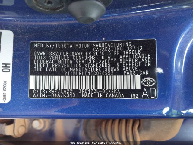 2T1BURHE1EC086952 Toyota Corolla S Premium