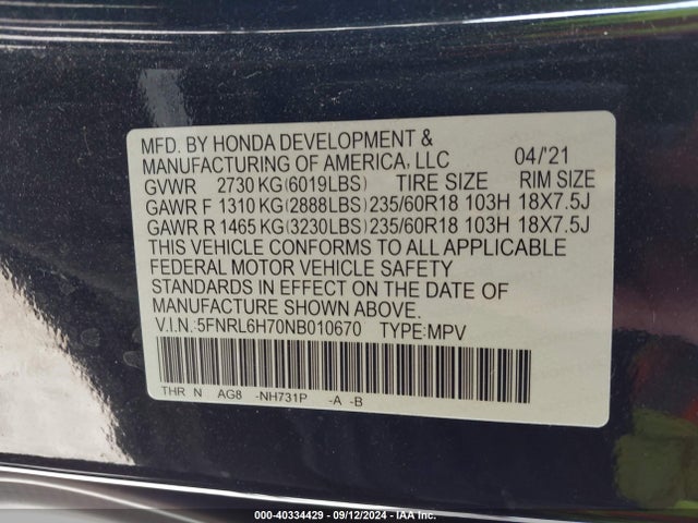 Honda Odyssey Ex-l 2022 5FNRL6H70NB010670 Image 9