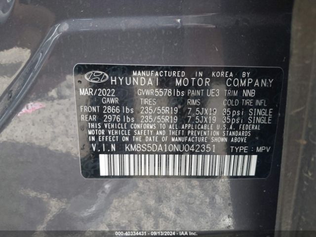 KM8S5DA10NU042351 Hyundai Santa Fe Hybrid Limited