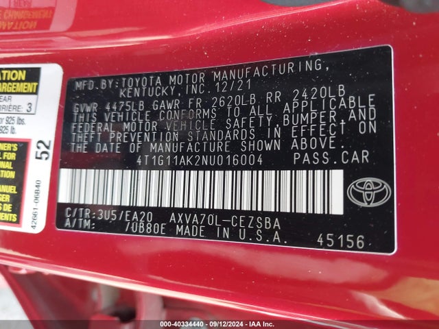 Toyota CAMRY SE 2022 4T1G11AK2NU016004 Image 9