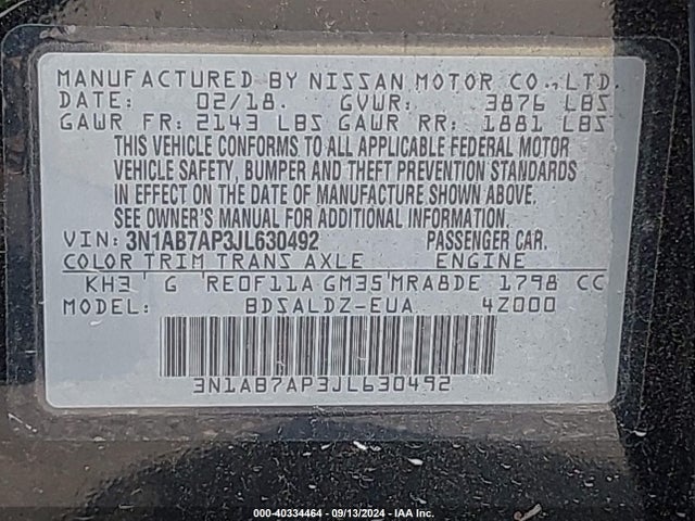 Nissan SENTRA SV 2018 3N1AB7AP3JL630492 Image 9