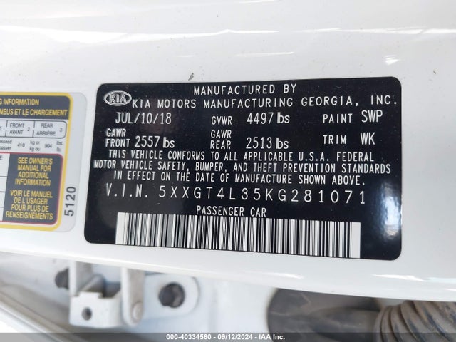 KIA Optima Lx 2019 5XXGT4L35KG281071 Image 9