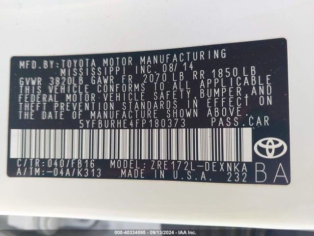 Toyota COROLLA LE 2015 5YFBURHE4FP180373 Image 9