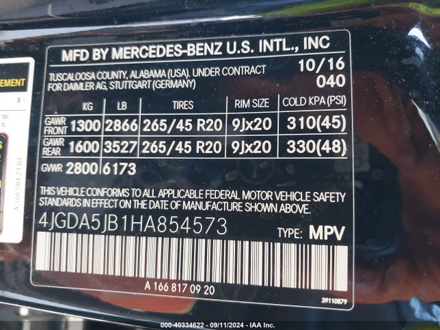 4JGDA5JB1HA854573 Mercedes-Benz GLE 350