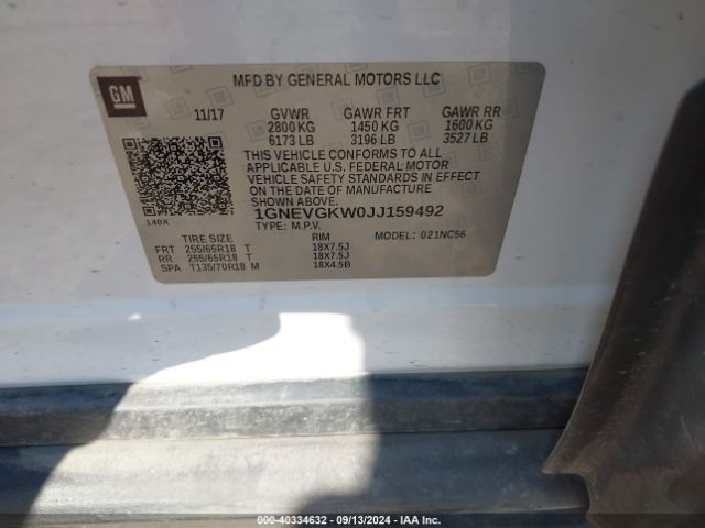 1GNEVGKW0JJ159492 Chevrolet Traverse 1lt