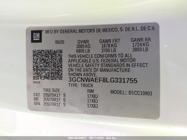 Aukcja sprzedaży 2020 Chevrolet Silverado 1500 2wd Regular Cab Long Bed Wt, vin: 3GCNWAEF8LG331755, numer aukcji: 40334637
