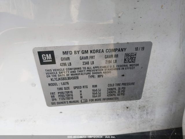 KL7CJKSB0LB045028 Chevrolet Trax Fwd Ls