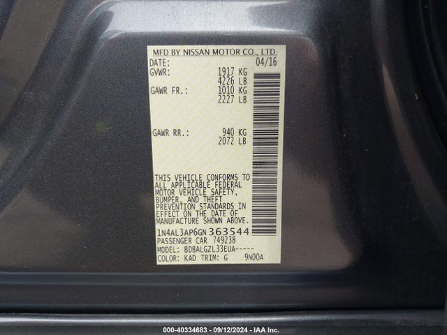 Nissan Altima 2.5 S 2016 1N4AL3AP6GN363544 Image 9