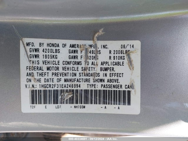 Honda ACCORD LX 2014 1HGCR2F31EA246994 Image 9