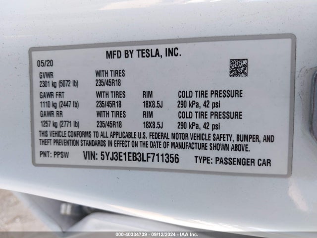 2020 TESLA MODEL 3 5YJ3E1EB3LF711356 Photo 8