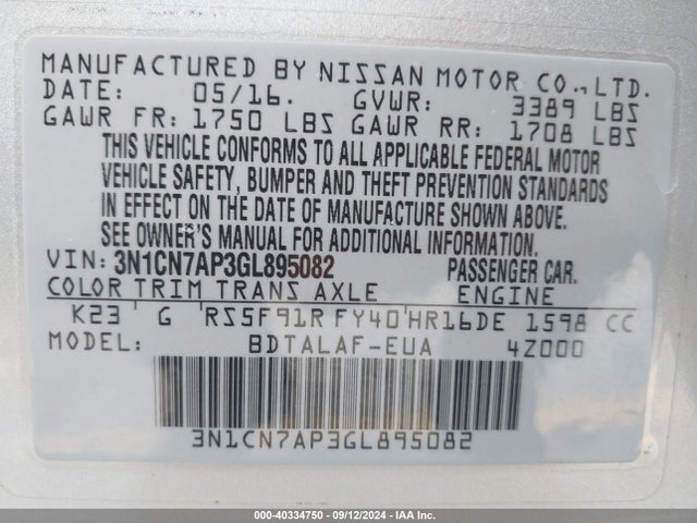 Nissan Versa 1.6 S 2016 3N1CN7AP3GL895082 Image 9