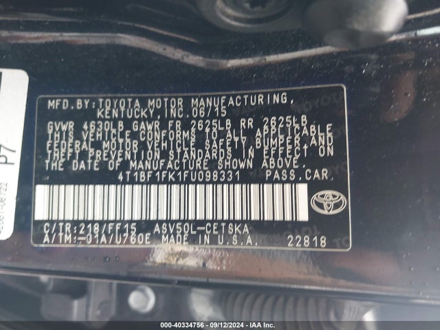 Toyota CAMRY SE 2015 4T1BF1FK1FU098331 Image 9