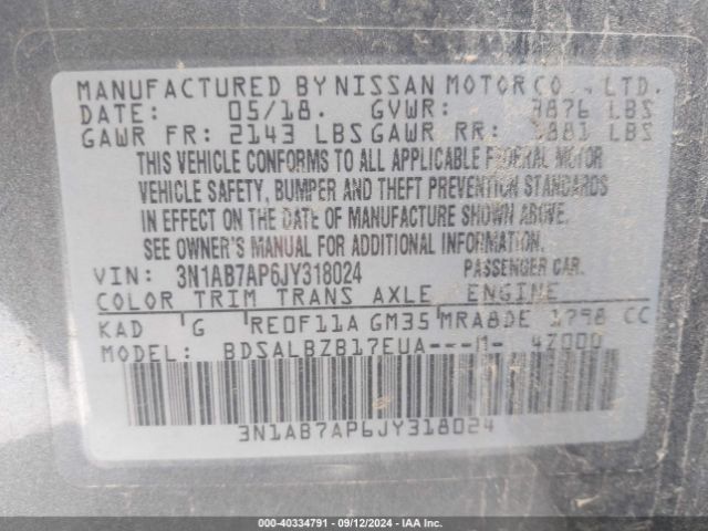 3N1AB7AP6JY318024 Nissan SENTRA S