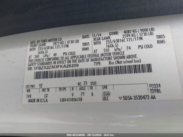 1FBZX2ZM3FKA26209 Ford Transit-350 Xlt